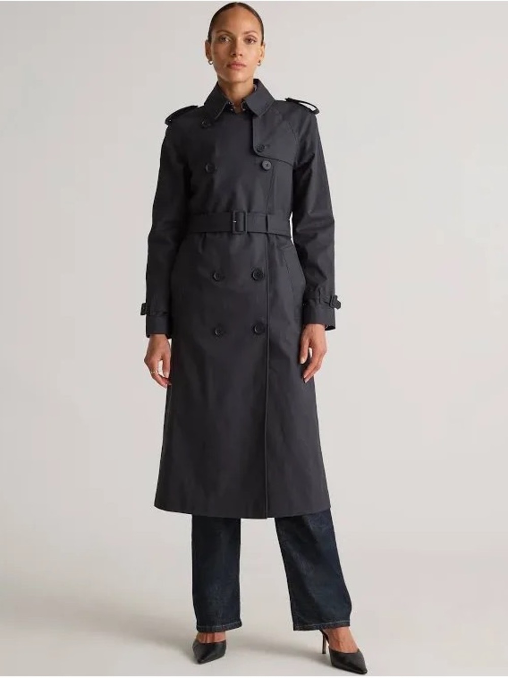 Quince Comfort Stretch Long Trench Coat Black Double Breasted Minimalist NWT